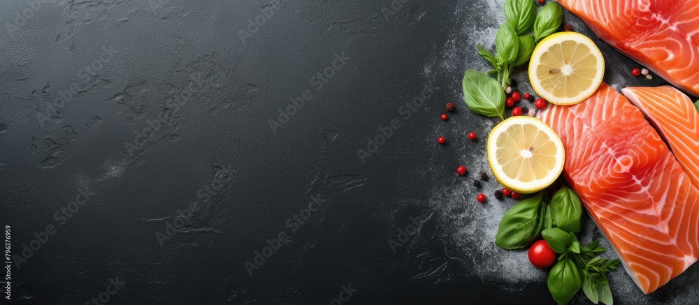Poster two fresh salmon with lemon and basil on black backdrop