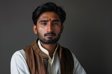 Obraz premium business, office worker and people concept - smiling indian businessman in shirt over grey background. Beautiful simple AI generated image in 4K, unique.