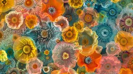 An array of pollen grains tered across a background of colorful flowers. Each grain is uniquely shaped and colored representing the