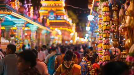 Naklejka premium Main Thaipusam Festival at a magnificent Hindu temple, thousands of visitors and pilgrims throng the hall decorated with colorful lights and typical ornaments, Ai Generated Images
