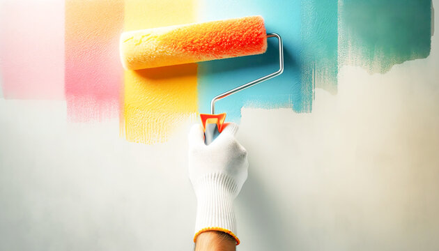 A close-up of a painter's hand in a white glove painting a wall with a colored paint roller, new home concept