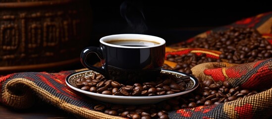 Ethiopian traditional coffee cup and dark coffee beans