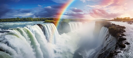 Rainbow above cascading waterfall