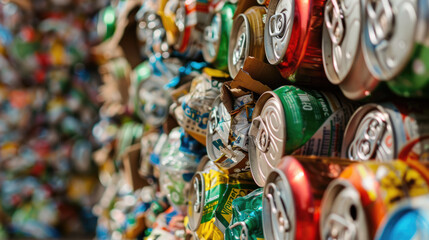 Stack of recycled materials, such as cardboard, aluminum cans, and plastic bottles, ready for processing and reuse