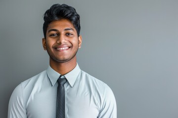 business, office worker and people concept - smiling indian businessman in shirt with tie over grey background. Beautiful simple AI generated image in 4K, unique.