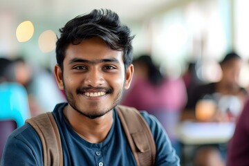 Fototapeta premium Smiling Indian student ready for university class looking handsome for camera. Concept Education, University, Indian Student, Fashion, Smiling Portrait