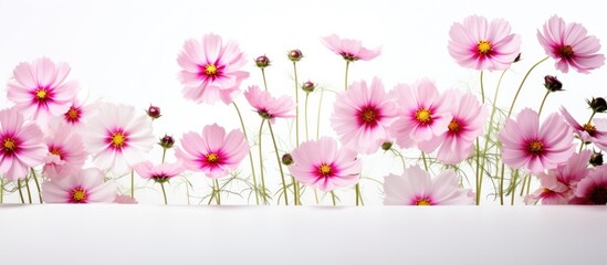 Bright flowers in clear vase on table white background