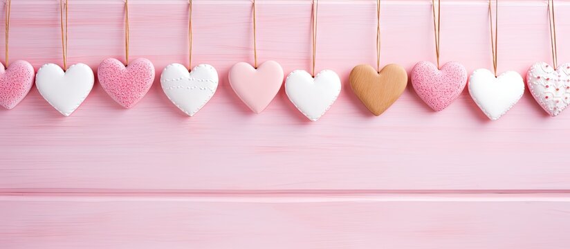 Hearts strung on pink wall