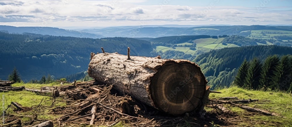 Poster tree stump amidst field with distant mountains