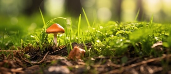 Mushroom in grass under bright light