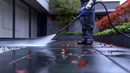 Skilled Cleaner Utilizes Pressure Washer for Effective Driveway Cleaning. Concept Pressure Washing, Driveway Cleaning, Skilled Cleaner, Effective Results