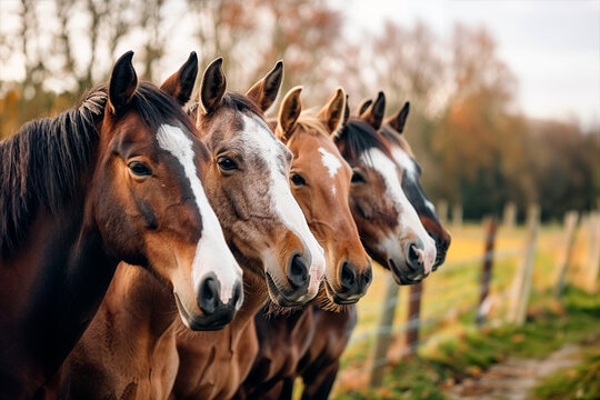 Group of five horses standing in a row