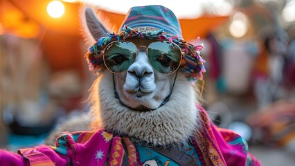 Naklejka premium Adorable llamas in Peru flaunting sunglasses, costumes, and hats. Concept Llamas in Sunglasses, Llama Costumes, Llama Hats, Peruvian Llama Style, Andean Llama Fashion