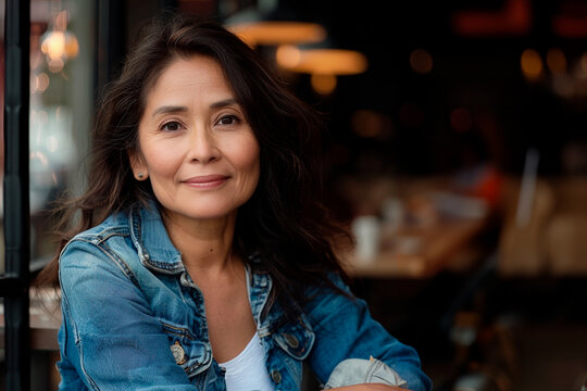 Portrait of a woman of Asian origin smiling while sitting in a restaurant