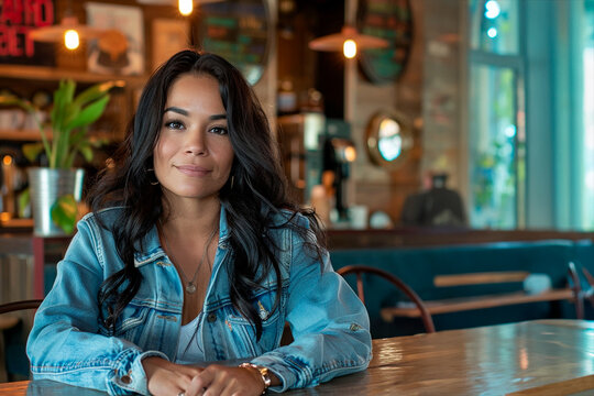 Young woman in denim jacket sitting in what looks like a cafe shop