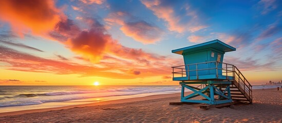 Lifeguard tower beach sunset view - obrazy, fototapety, plakaty