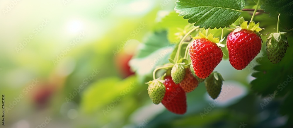 Poster ripe strawberries dangle from tree branch