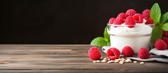 Glass of yogurt topped with raspberries and mint