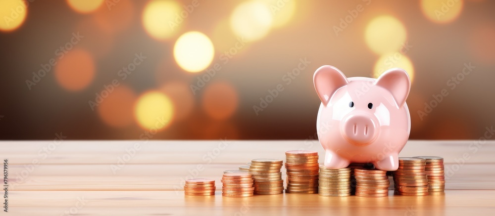 Poster piggy bank on top of coin stack