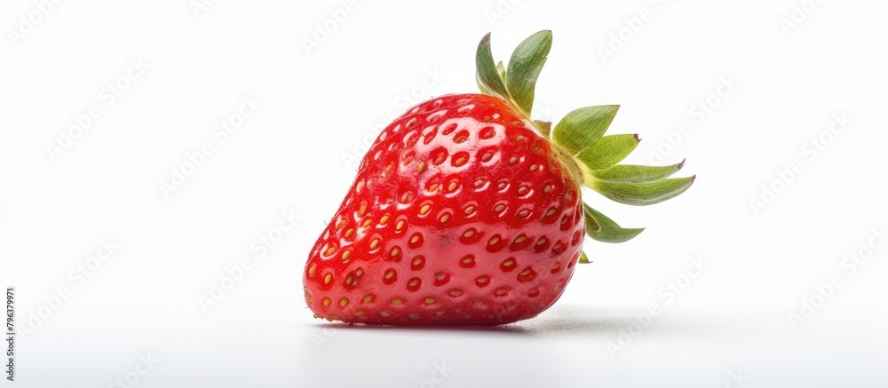 Aufkleber a single strawberry with a green leaf on a plain background