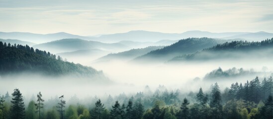 Mountain forest shrouded in fog with distant peaks