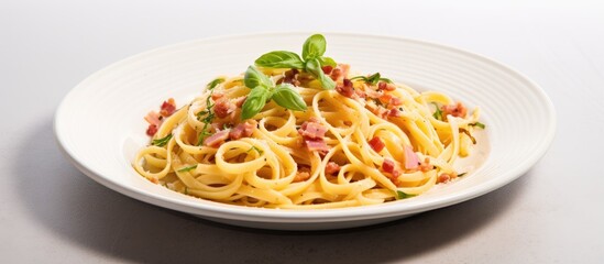 Plate of pasta with crispy bacon and fresh basil