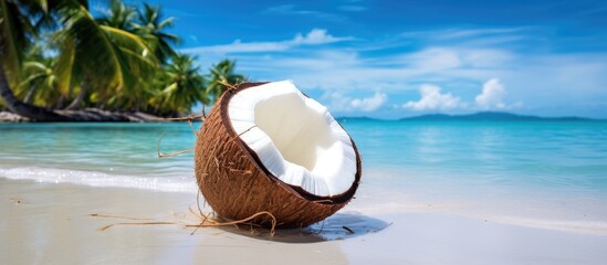 Coconut on sandy shore with palm trees and clear sky - Powered by Adobe