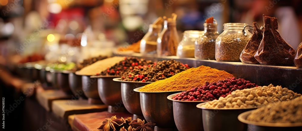 Poster spices lined up in bowls on counter
