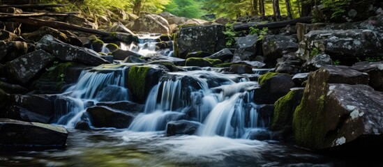 Waterfall cascading through forest with rocks and trees
