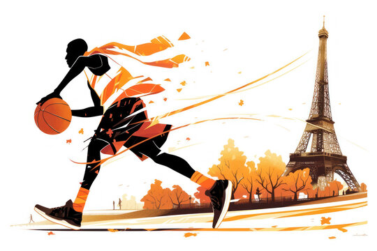 Orange watercolor paint of basketball player dribble ball by eiffel tower
