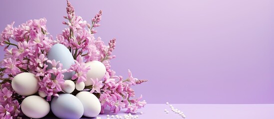 Lilac flowers and eggs on violet background