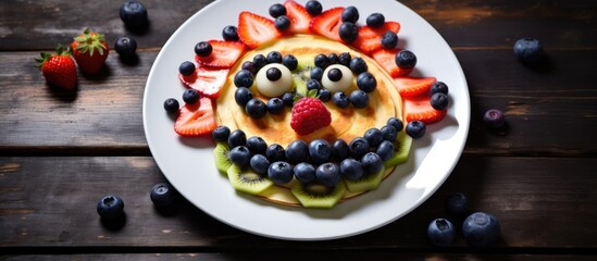 Plate of food featuring assorted fruits and a smiling face