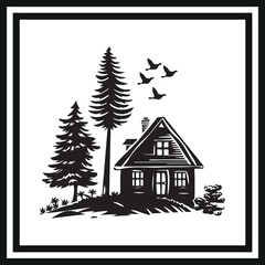 Naklejka premium Rustic cottage silhouette clipart on a white background 