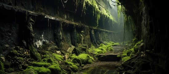 Dark eerie cave full of mossy rocks and water