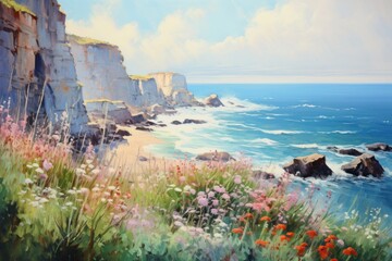 Coastal cliff landscape painting promontory. - obrazy, fototapety, plakaty