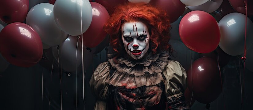 Red-haired clown with eerie makeup and red balloons