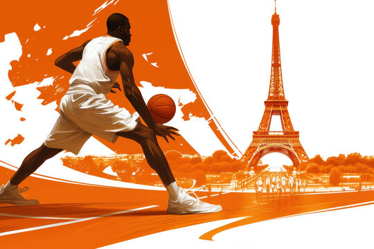 Orange watercolor paint of basketball player dribble ball by eiffel tower