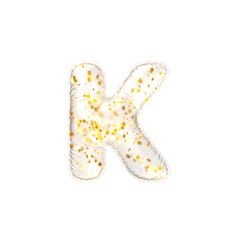 Transparent balloon with golden flakes Letter K. 3d render illustration