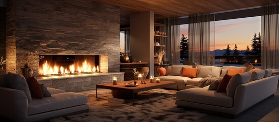 Living room with cozy fireplace, couch, and table