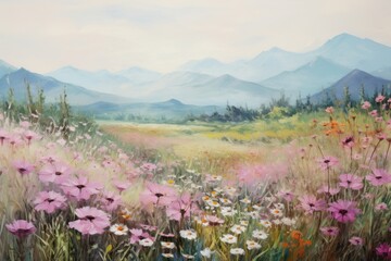 Fototapeta premium Fummer flower field landscape painting grassland.