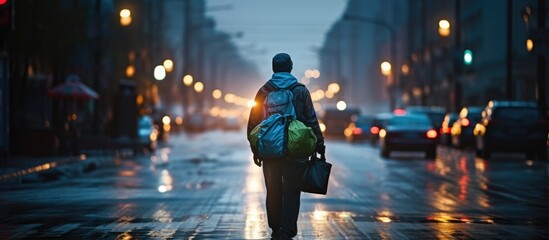Naklejka premium Man traversing damp night street carrying backpack