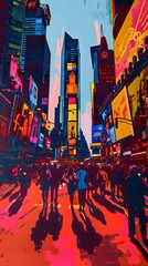 Pop art rendition of a bustling city street, stylized people, colorful signs, and bold shadows