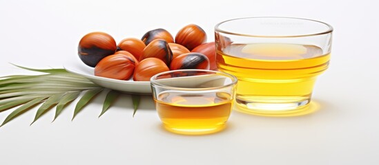 Two glasses filled with juice and a bowl of assorted fruits