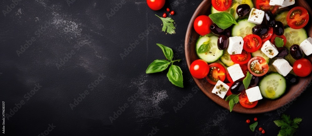 Wall mural Fresh vegetables and cheese in a bowl on a dark table - Wall murals