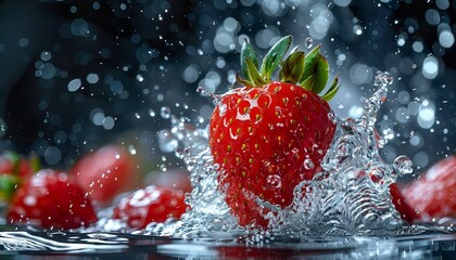 Studio shot of a strawberry making a vibrant splash in crystal clear water perfect for a fruit juice commercial