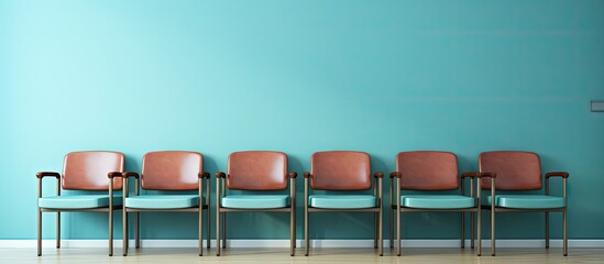 Empty chairs lined up against blue wall in waiting room - obrazy, fototapety, plakaty