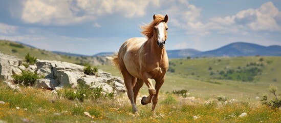 Fototapeta premium Horse galloping on grassy hill