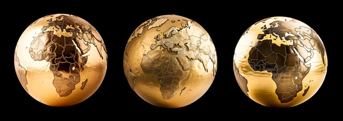 Three globes in the form of a golden ball. Decorative element on the black background.