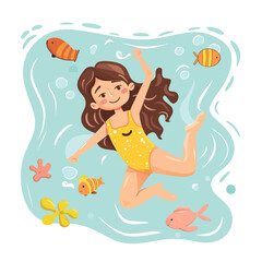 Cute little girl jumping in the sea water. Vector illustration.