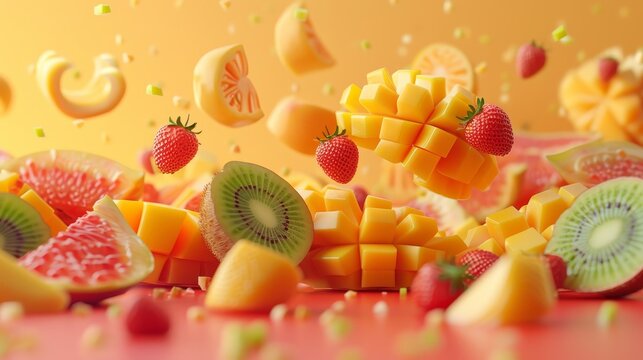 Studio shot of a 3D rendered exotic fruit arrangement with pieces of fruit like mango and kiwi levitating for a fruit distributor ad